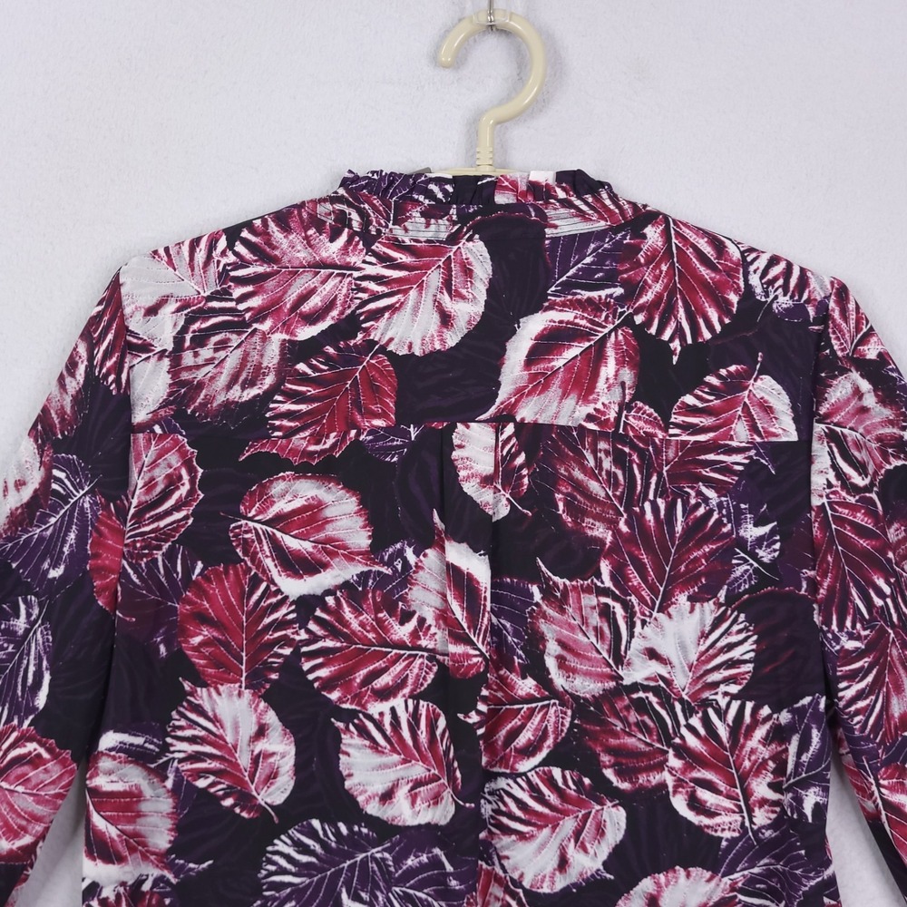 Karl Lagerfeld Paris Blouse Womens XS Pearl Button Floral Leaf Printed Ruffle - Picture 4 of 12